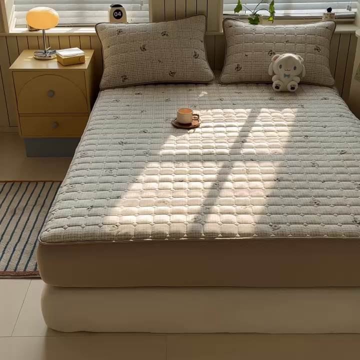 91家纺网 家纺一手货源 找家纺 优眠坊 2026新款亲肤泡芙纱夹棉单床笠床笠单件单品床笠三件套 织纹木马-夹棉款