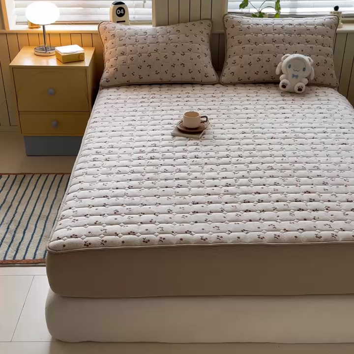 91家纺网 家纺一手货源 找家纺 优眠坊 2026新款亲肤泡芙纱夹棉单床笠床笠单件单品床笠三件套 樱桃心事-夹棉款