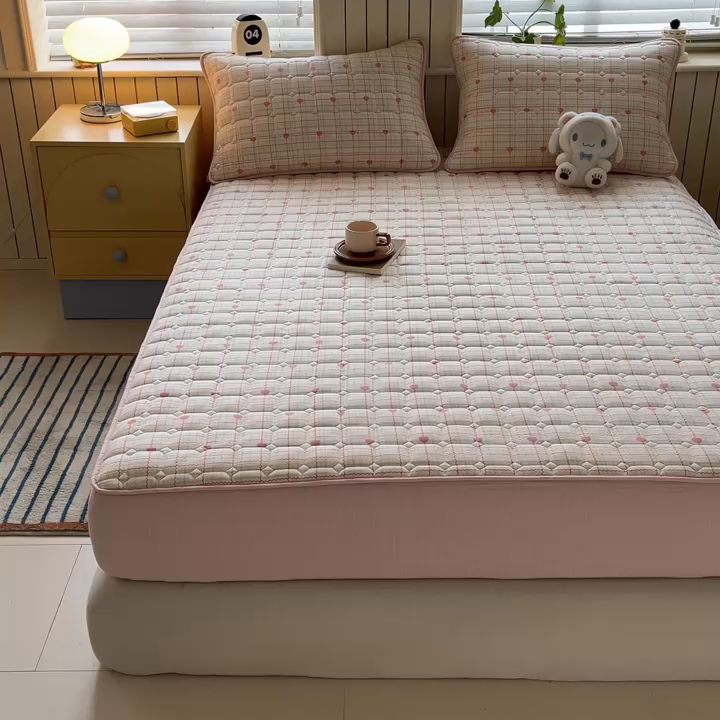 91家纺网 家纺一手货源 找家纺 优眠坊 2026新款亲肤泡芙纱夹棉单床笠床笠单件单品床笠三件套 心心相印-夹棉款