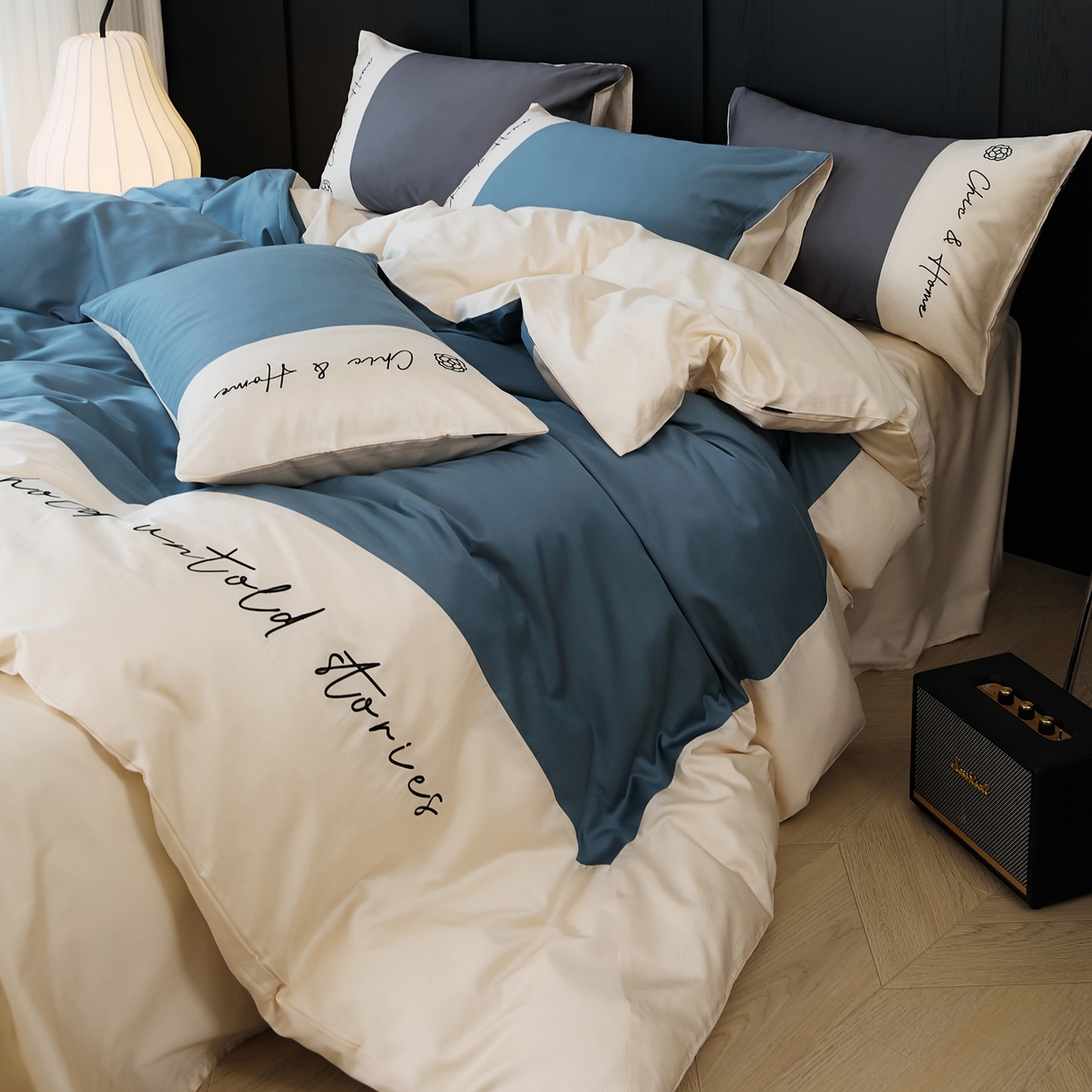 91家纺网 家纺一手货源 找家纺 EH家居 2026新款春夏新款天丝棉四件套江南系列 江南-湖蓝