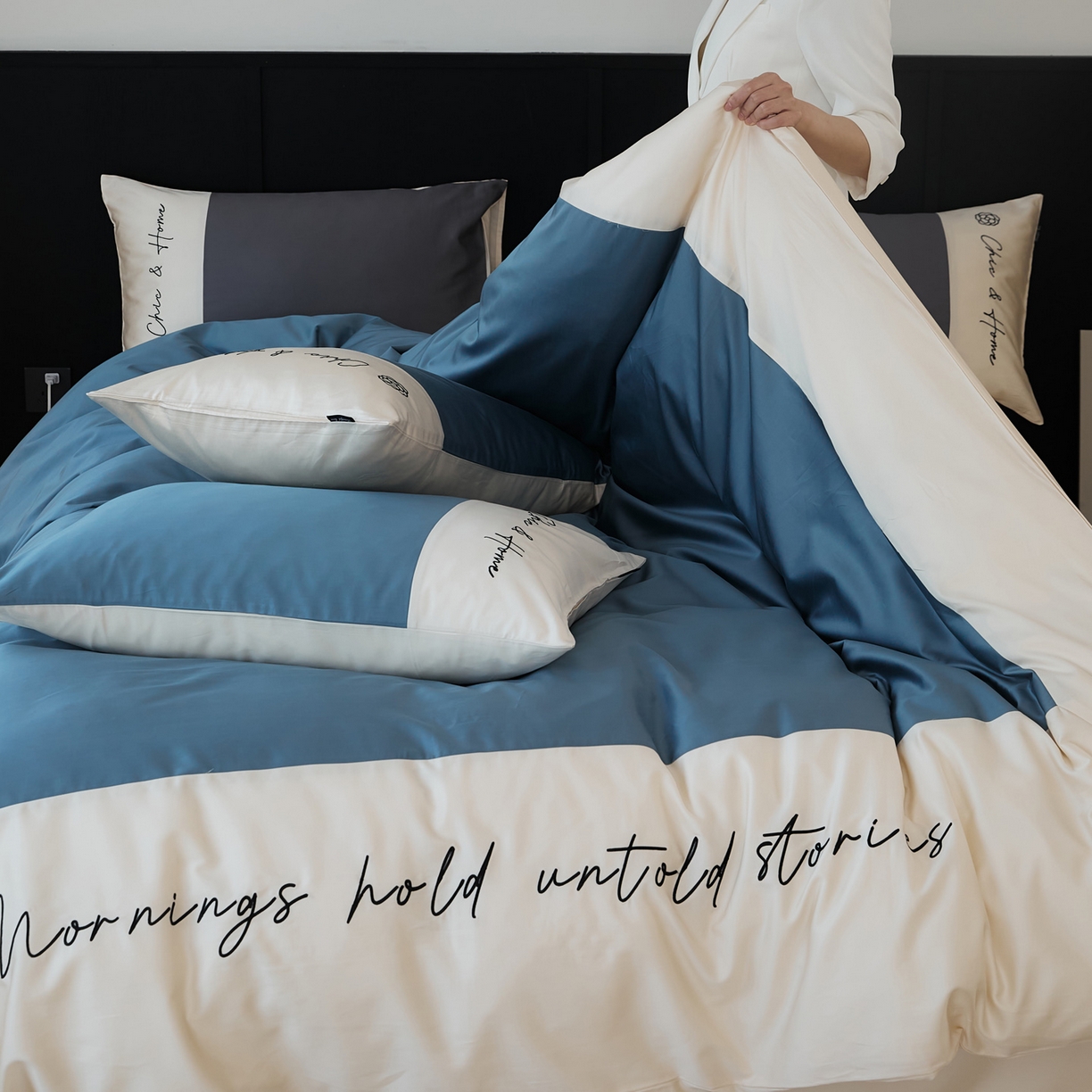 91家纺网 家纺一手货源 找家纺 EH家居 2026新款春夏新款天丝棉四件套江南系列 江南-湖蓝