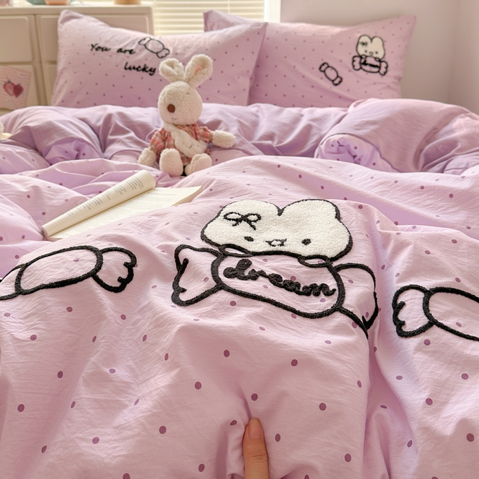 91家纺网 家纺一手货源 找家纺 （总）花伞家居 2026新款波点毛巾绣糖果兔四件套