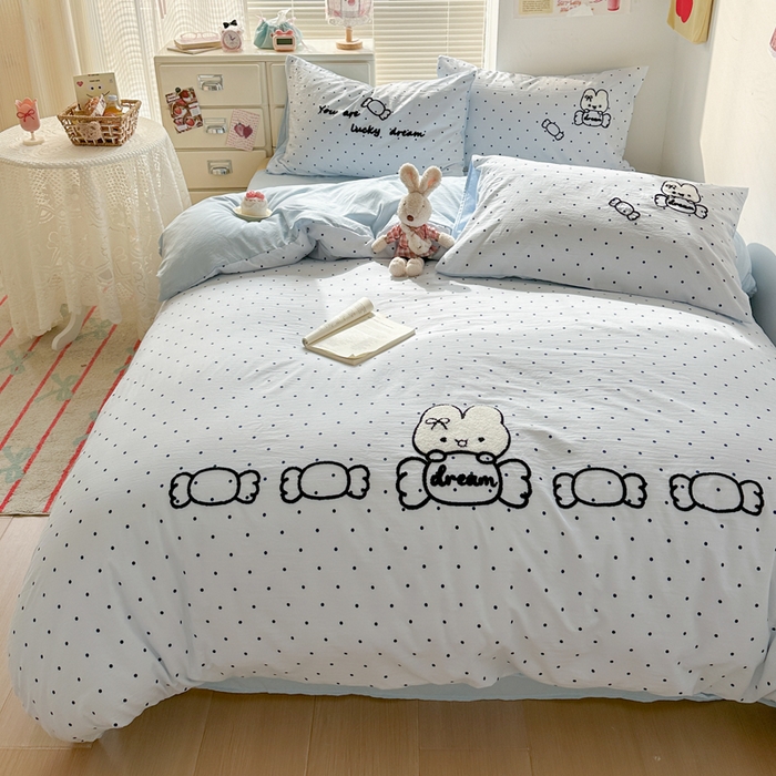 91家纺网 家纺一手货源 找家纺 （总）花伞家居 2026新款波点毛巾绣糖果兔四件套