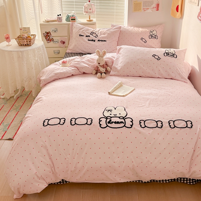 花伞家居 2026新款波点毛巾绣糖果兔四件套 糖果兔-粉