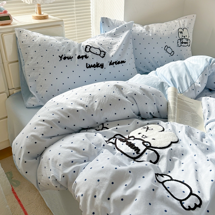 91家纺网 家纺一手货源 找家纺 花伞家居 2026新款波点毛巾绣糖果兔四件套 糖果兔-蓝