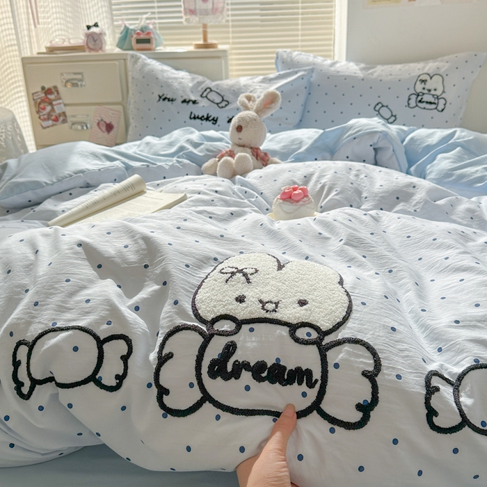 91家纺网 家纺一手货源 找家纺 花伞家居 2026新款波点毛巾绣糖果兔四件套 糖果兔-蓝