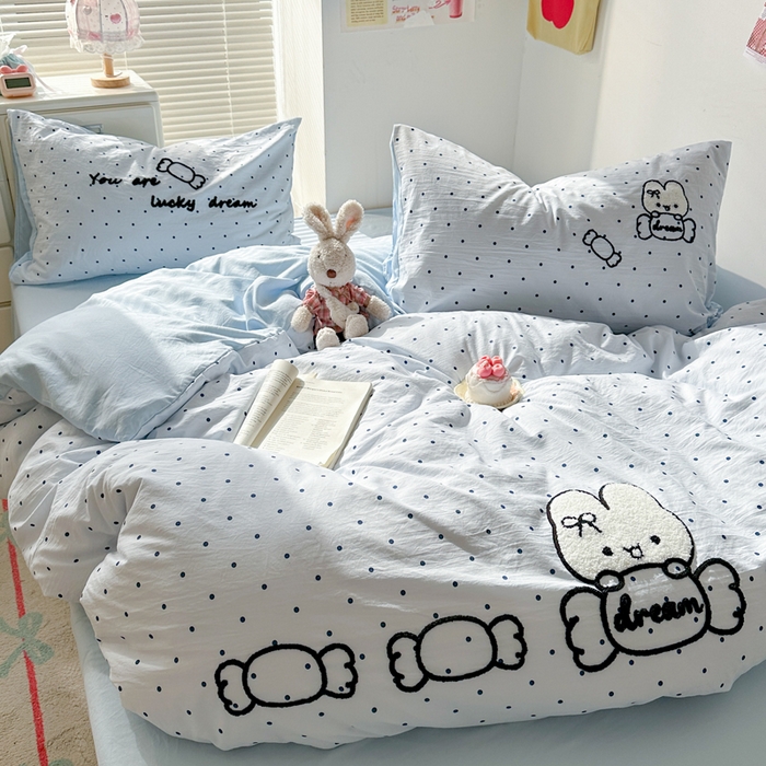 91家纺网 家纺一手货源 找家纺 花伞家居 2026新款波点毛巾绣糖果兔四件套 糖果兔-蓝