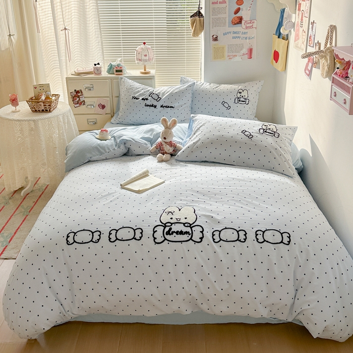 91家纺网 家纺一手货源 找家纺 花伞家居 2026新款波点毛巾绣糖果兔四件套 糖果兔-蓝