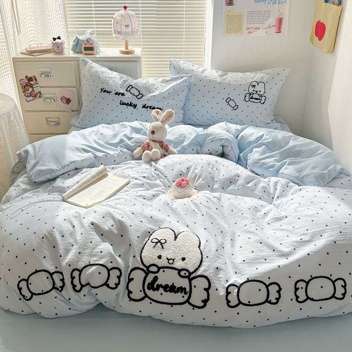 91家纺网 家纺一手货源 找家纺 花伞家居 2026新款波点毛巾绣糖果兔四件套 糖果兔-蓝