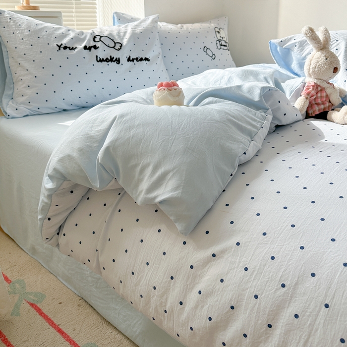 91家纺网 家纺一手货源 找家纺 花伞家居 2026新款波点毛巾绣糖果兔四件套 糖果兔-蓝