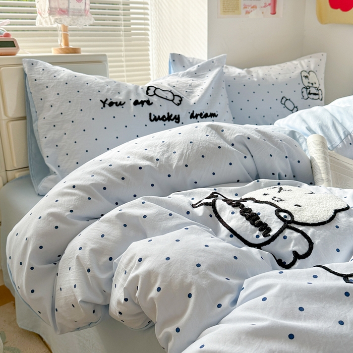 91家纺网 家纺一手货源 找家纺 花伞家居 2026新款波点毛巾绣糖果兔四件套 糖果兔-蓝