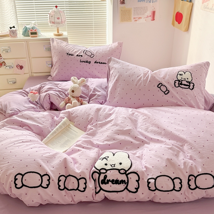 91家纺网 家纺一手货源 找家纺 花伞家居 2026新款波点毛巾绣糖果兔四件套 糖果兔-紫