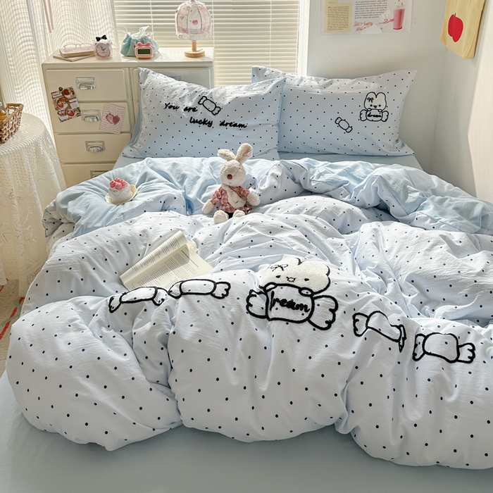 91家纺网 家纺一手货源 找家纺 花伞家居 2026新款波点毛巾绣糖果兔四件套 糖果兔-蓝