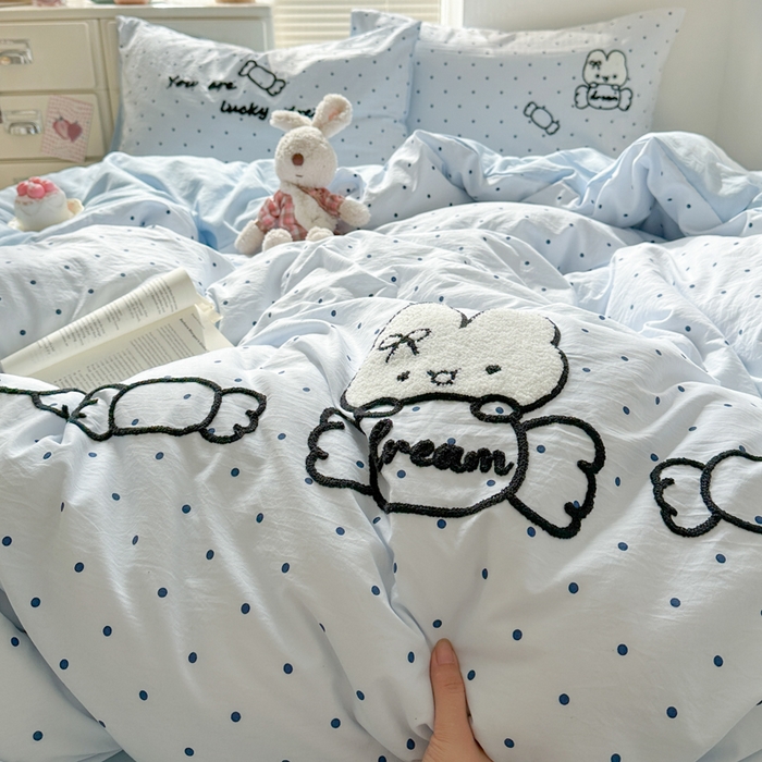 91家纺网 家纺一手货源 找家纺 花伞家居 2026新款波点毛巾绣糖果兔四件套 糖果兔-蓝
