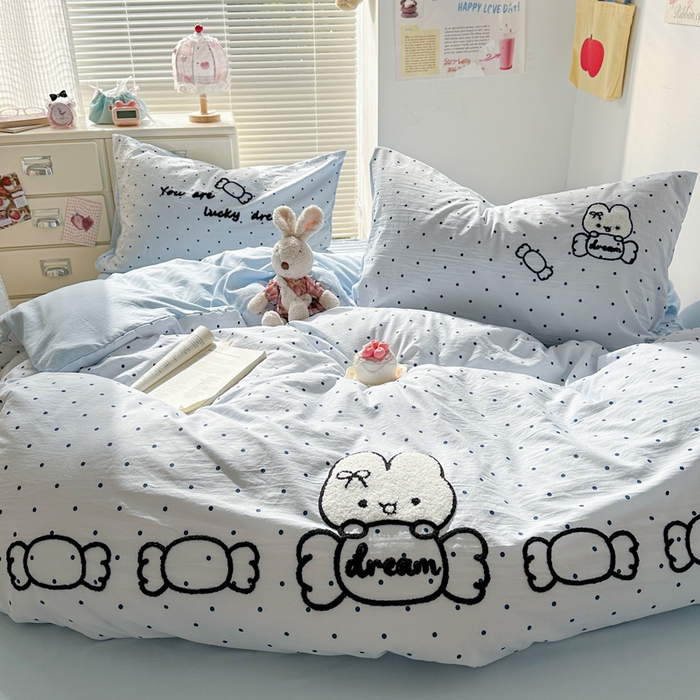 91家纺网 家纺一手货源 找家纺 花伞家居 2026新款波点毛巾绣糖果兔四件套 糖果兔-蓝