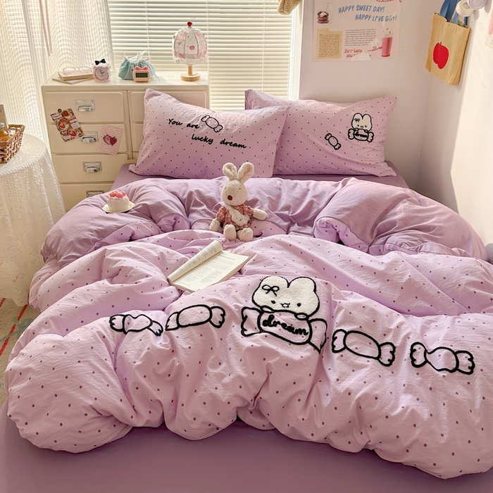 91家纺网 家纺一手货源 找家纺 花伞家居 2026新款波点毛巾绣糖果兔四件套 糖果兔-紫