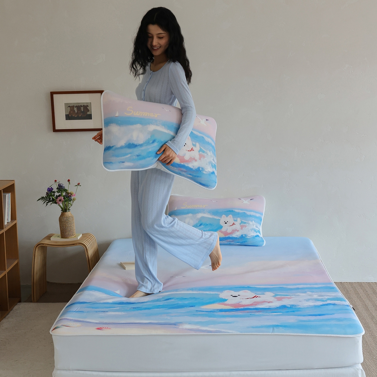 91家纺网 家纺一手货源 找家纺 三味舒屋 2026新款【四季漫游】印花冰感丝软凉席凉垫 夏日逐浪