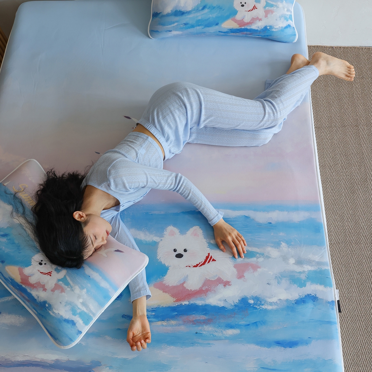 91家纺网 家纺一手货源 找家纺 三味舒屋 2026新款【四季漫游】印花冰感丝软凉席凉垫 夏日逐浪