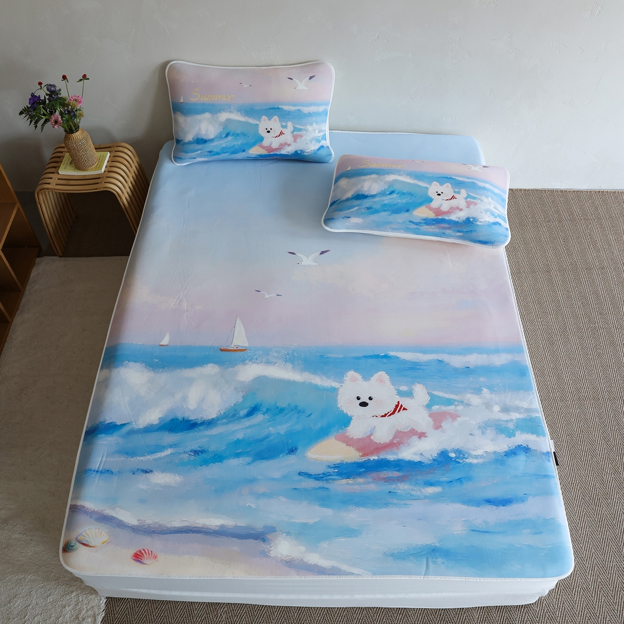 91家纺网 家纺一手货源 找家纺 三味舒屋 2026新款【四季漫游】印花冰感丝软凉席凉垫 夏日逐浪