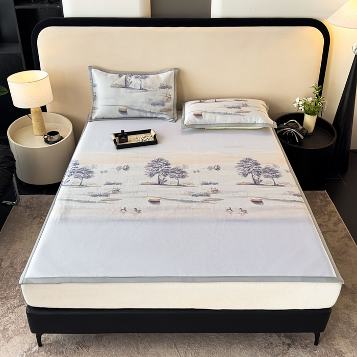 91家纺网 家纺一手货源 找家纺 春寻家纺 2026新款5D印花冰丝席复合三明治款凉席席子 水墨江南