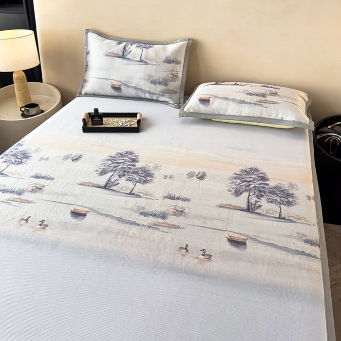 91家纺网 家纺一手货源 找家纺 春寻家纺 2026新款5D印花冰丝席复合三明治款凉席席子 水墨江南