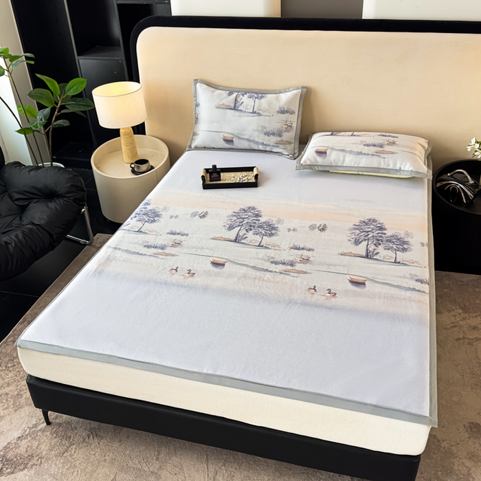 91家纺网 家纺一手货源 找家纺 春寻家纺 2026新款5D印花冰丝席复合三明治款凉席席子 水墨江南