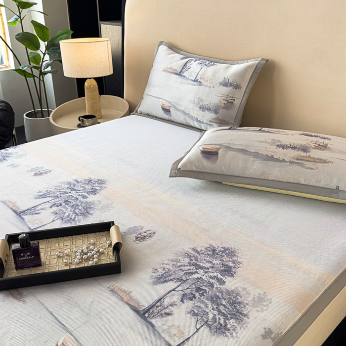 91家纺网 家纺一手货源 找家纺 春寻家纺 2026新款5D印花冰丝席复合三明治款凉席席子 水墨江南