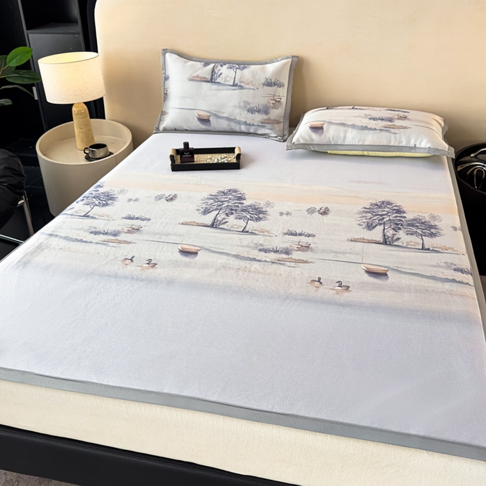 91家纺网 家纺一手货源 找家纺 春寻家纺 2026新款5D印花冰丝席复合三明治款凉席席子 水墨江南