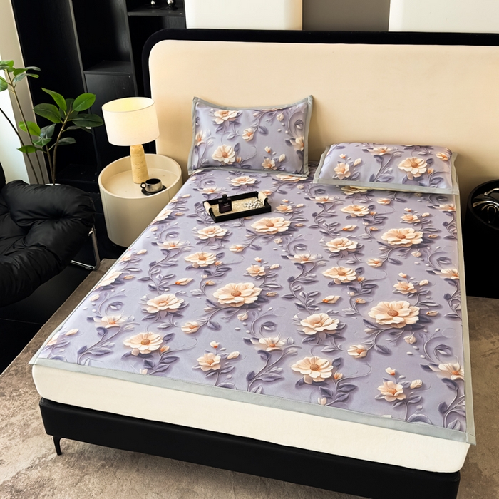 91家纺网 家纺一手货源 找家纺 春寻家纺 2026新款5D印花冰丝席复合三明治款凉席席子 紫韵繁花