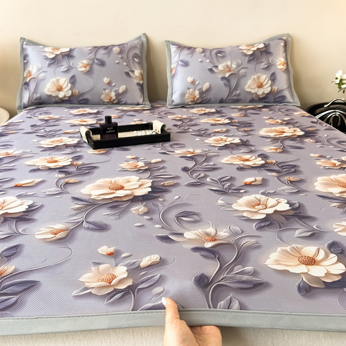 91家纺网 家纺一手货源 找家纺 春寻家纺 2026新款5D印花冰丝席复合三明治款凉席席子 紫韵繁花