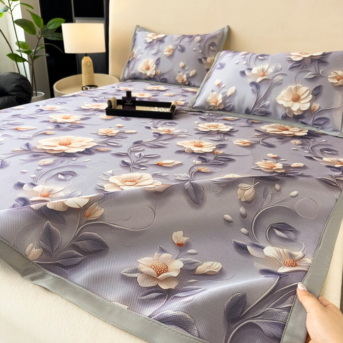 91家纺网 家纺一手货源 找家纺 春寻家纺 2026新款5D印花冰丝席复合三明治款凉席席子 紫韵繁花