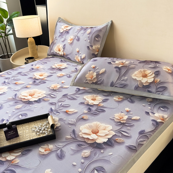 91家纺网 家纺一手货源 找家纺 春寻家纺 2026新款5D印花冰丝席复合三明治款凉席席子 紫韵繁花