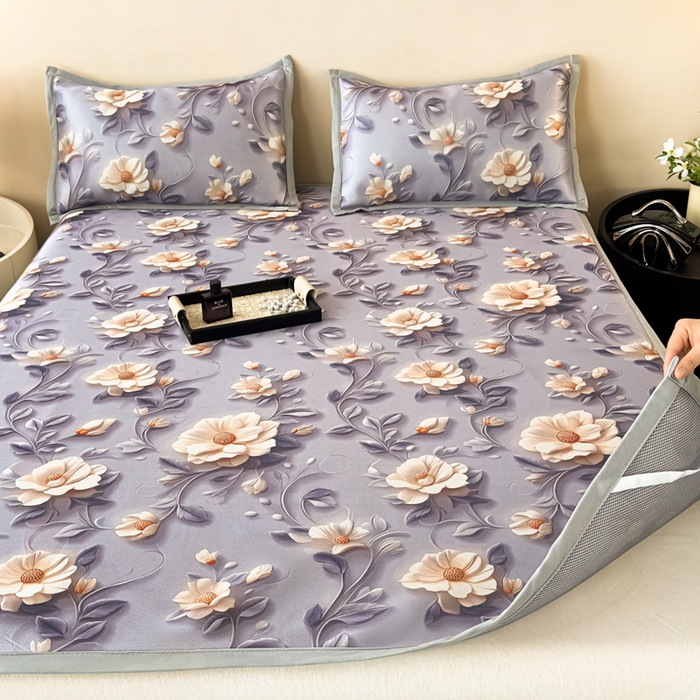 91家纺网 家纺一手货源 找家纺 春寻家纺 2026新款5D印花冰丝席复合三明治款凉席席子 紫韵繁花