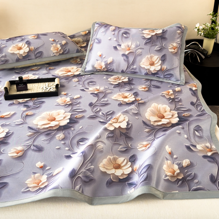 91家纺网 家纺一手货源 找家纺 春寻家纺 2026新款5D印花冰丝席复合三明治款凉席席子 紫韵繁花