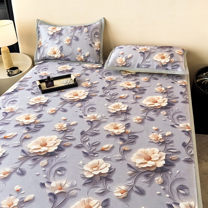 91家纺网 家纺一手货源 找家纺 春寻家纺 2026新款5D印花冰丝席复合三明治款凉席席子 紫韵繁花