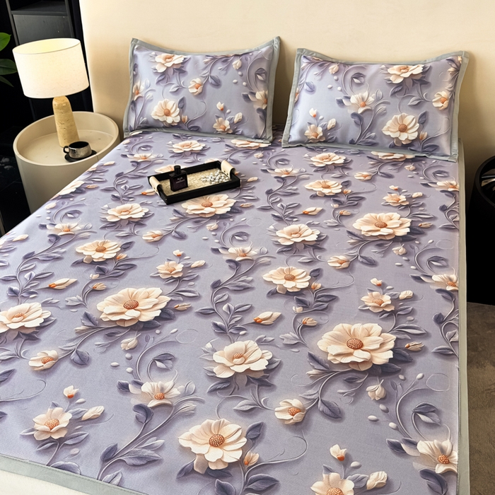 91家纺网 家纺一手货源 找家纺 春寻家纺 2026新款5D印花冰丝席复合三明治款凉席席子 紫韵繁花