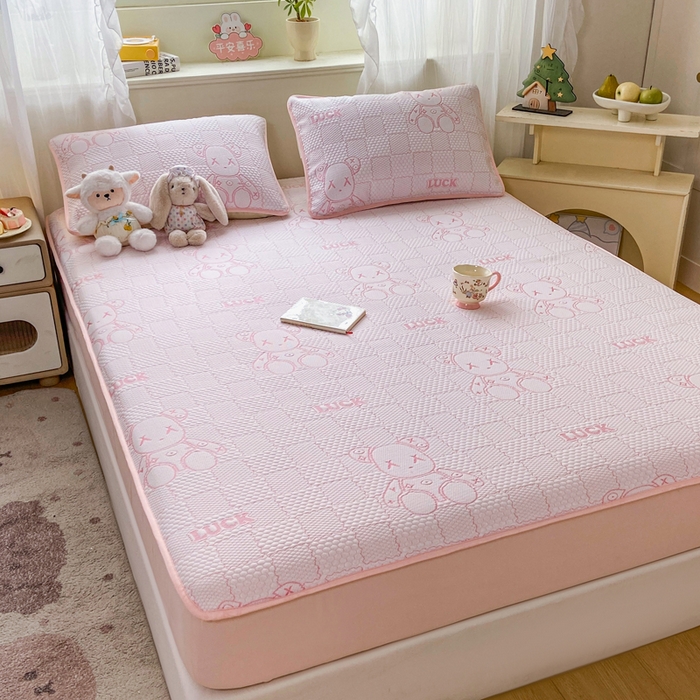 春寻家纺 2026春夏新款A类凉感凉豆豆提花凉席席子 幸运熊-粉-床笠款