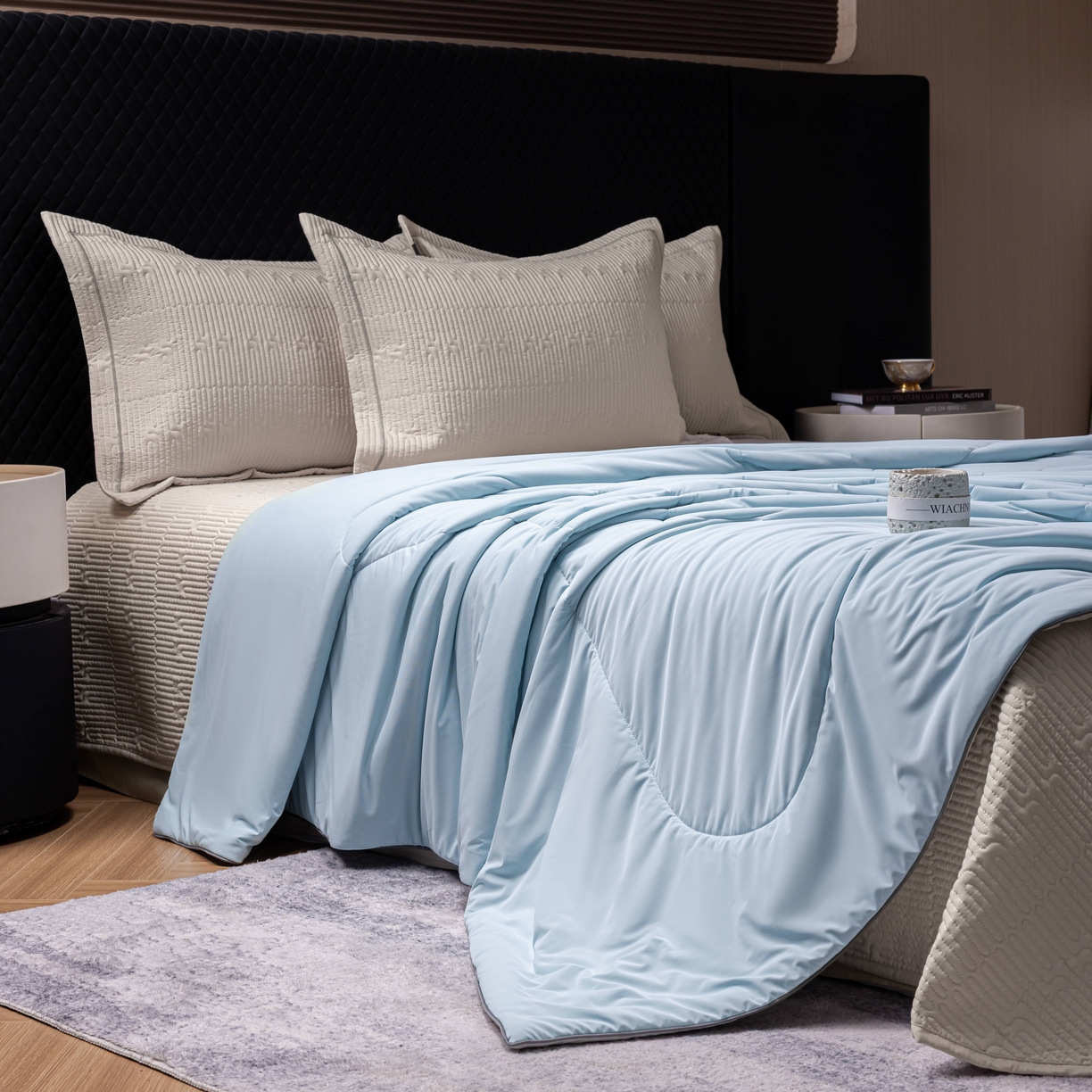 91家纺网 家纺一手货源 找家纺 丽卡家纺 2026新款冰萃锦氨零度凉感夏被空调被夏凉被 蓝色