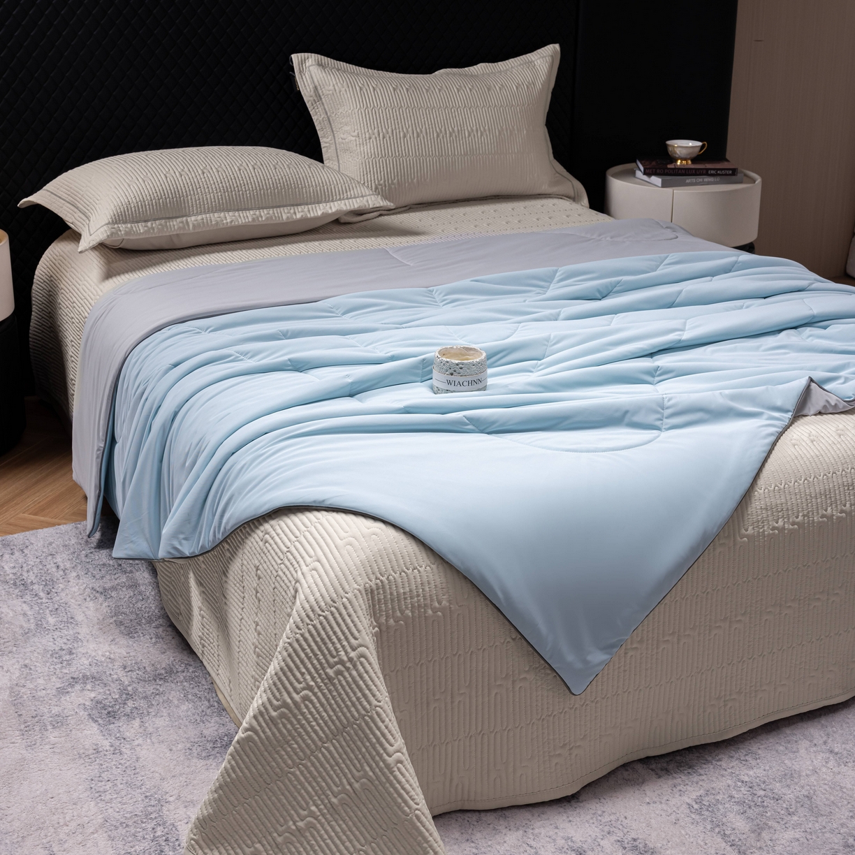 91家纺网 家纺一手货源 找家纺 丽卡家纺 2026新款冰萃锦氨零度凉感夏被空调被夏凉被 蓝色