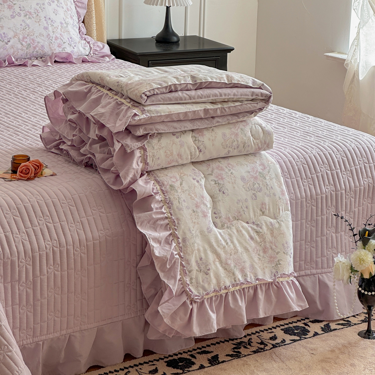 91家纺网 家纺一手货源 找家纺 星光耀 2026新款A类凉感天丝棉夏被床盖四件套 佳期紫