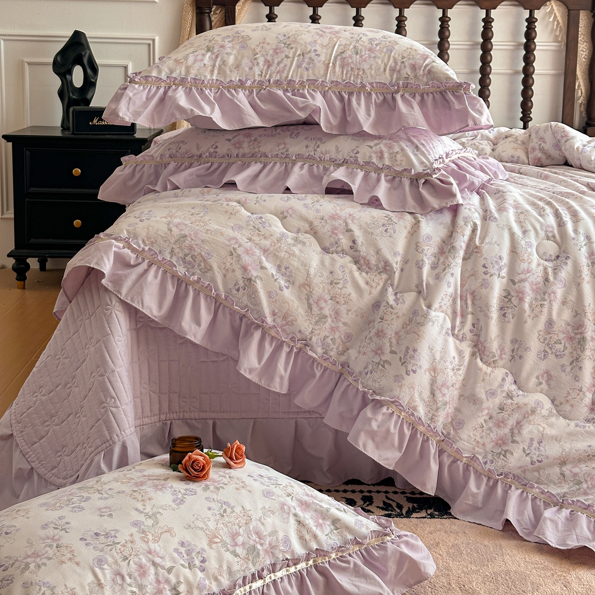 91家纺网 家纺一手货源 找家纺 星光耀 2026新款A类凉感天丝棉夏被床盖四件套 佳期紫