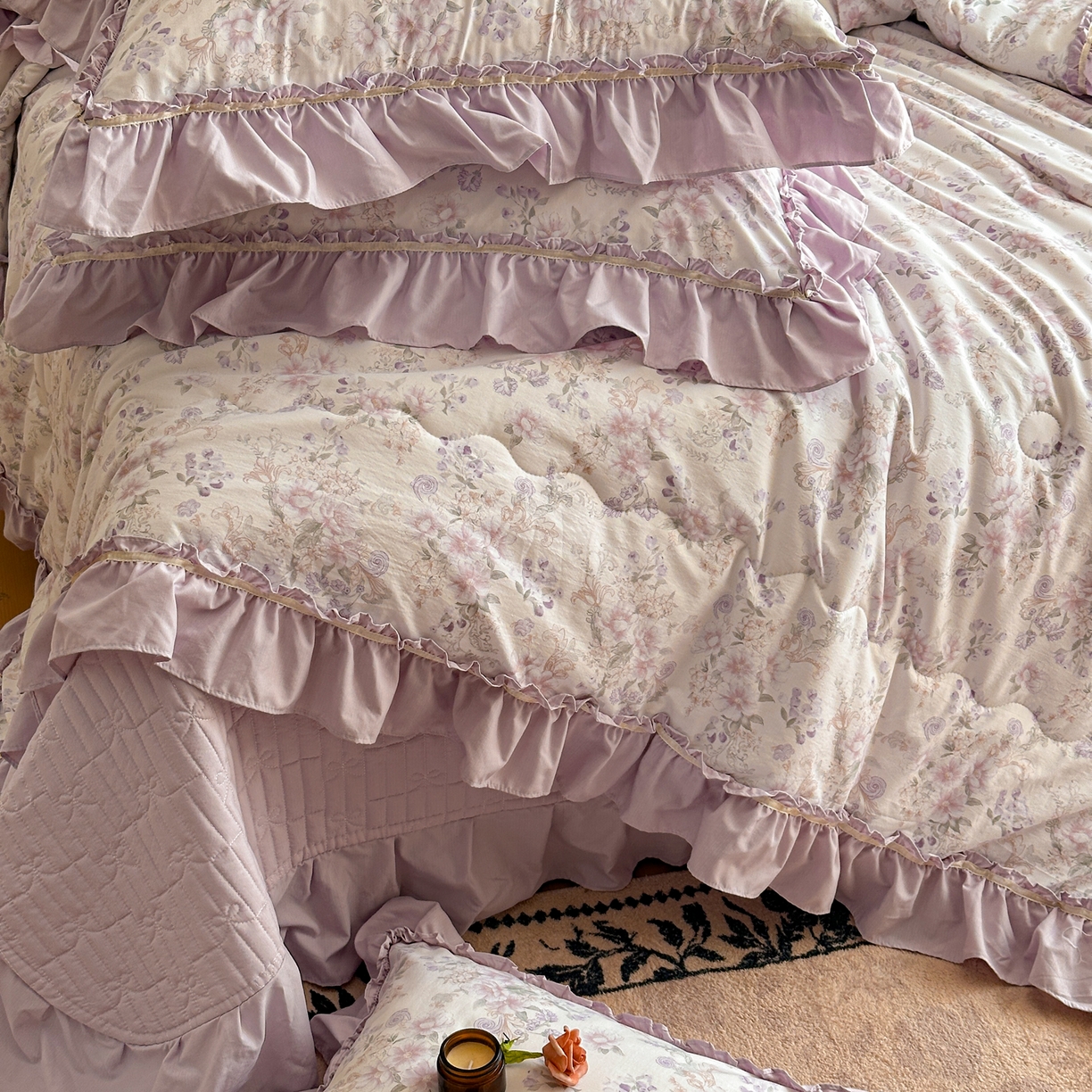 91家纺网 家纺一手货源 找家纺 星光耀 2026新款A类凉感天丝棉夏被床盖四件套 佳期紫