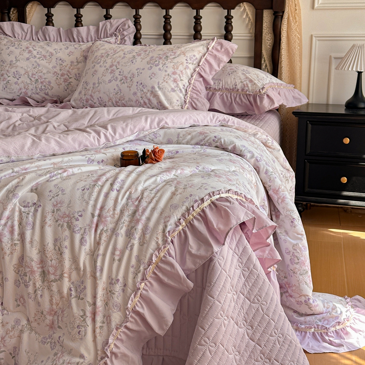 91家纺网 家纺一手货源 找家纺 星光耀 2026新款A类凉感天丝棉夏被床盖四件套 佳期紫