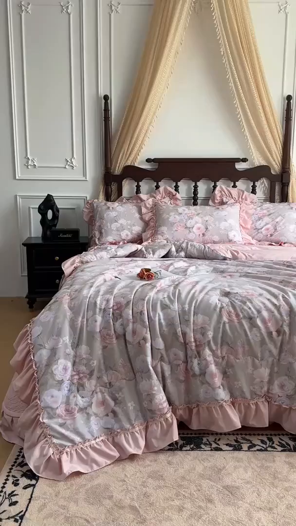 91家纺网 家纺一手货源 找家纺 星光耀 2026新款A类凉感天丝棉夏被床盖四件套 莫奈花园