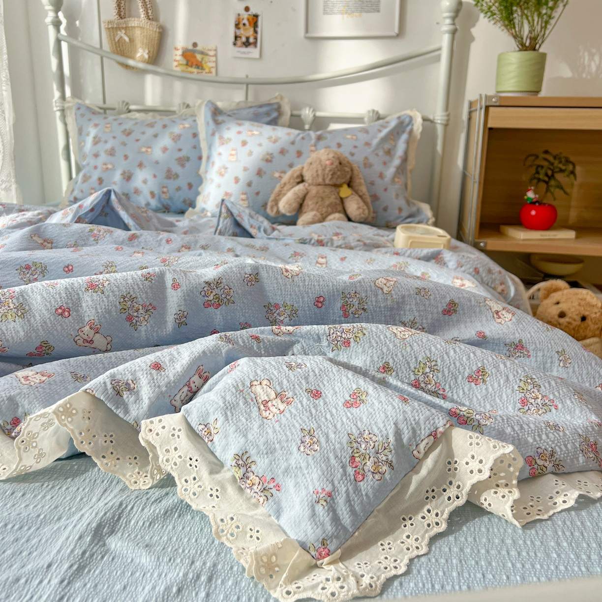 91家纺网 家纺一手货源 找家纺 欣宜家纺 2026新款A类全棉花边泡芙棉夏被夏凉被 丛林小兔