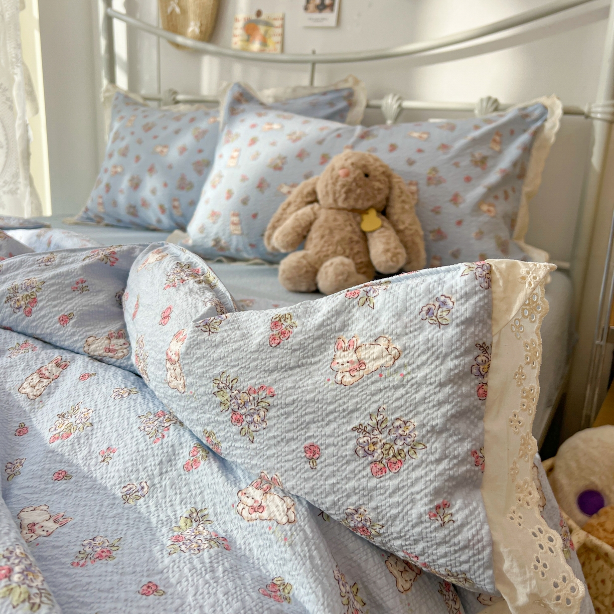 91家纺网 家纺一手货源 找家纺 欣宜家纺 2026新款A类全棉花边泡芙棉夏被夏凉被 丛林小兔