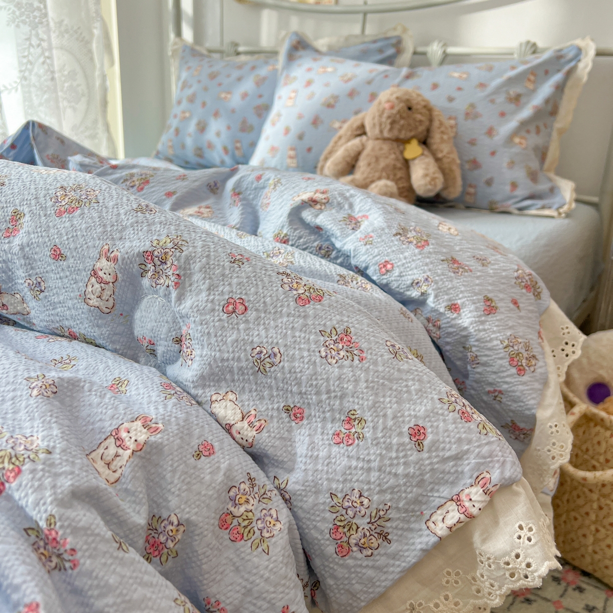 91家纺网 家纺一手货源 找家纺 欣宜家纺 2026新款A类全棉花边泡芙棉夏被夏凉被 丛林小兔