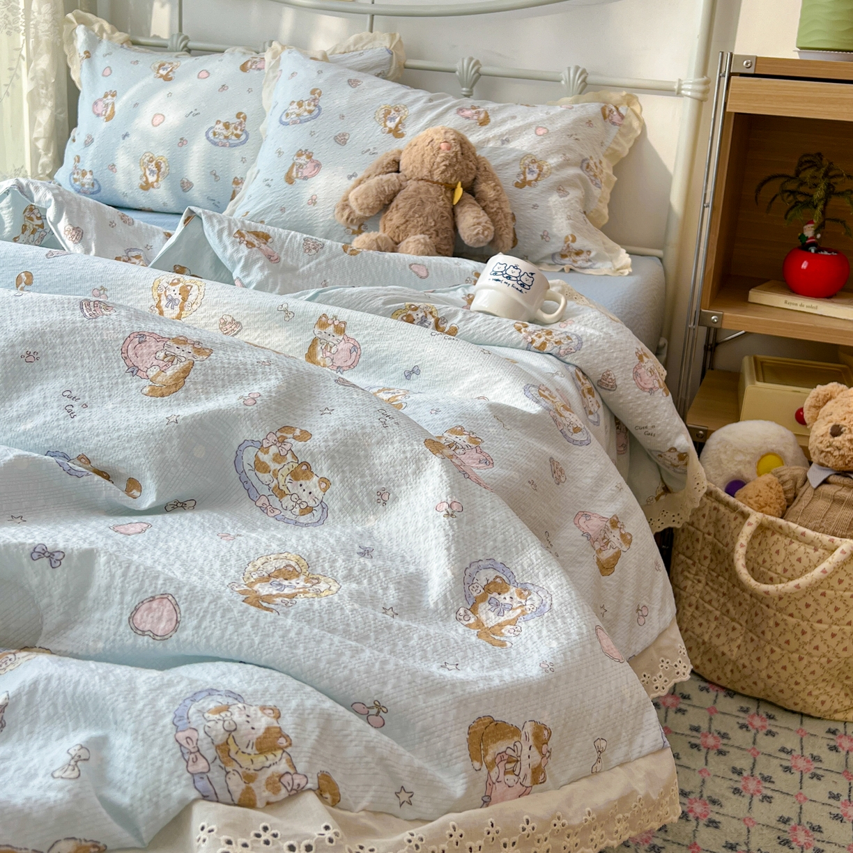 91家纺网 家纺一手货源 找家纺 欣宜家纺 2026新款A类全棉花边泡芙棉夏被夏凉被 蛋糕猫