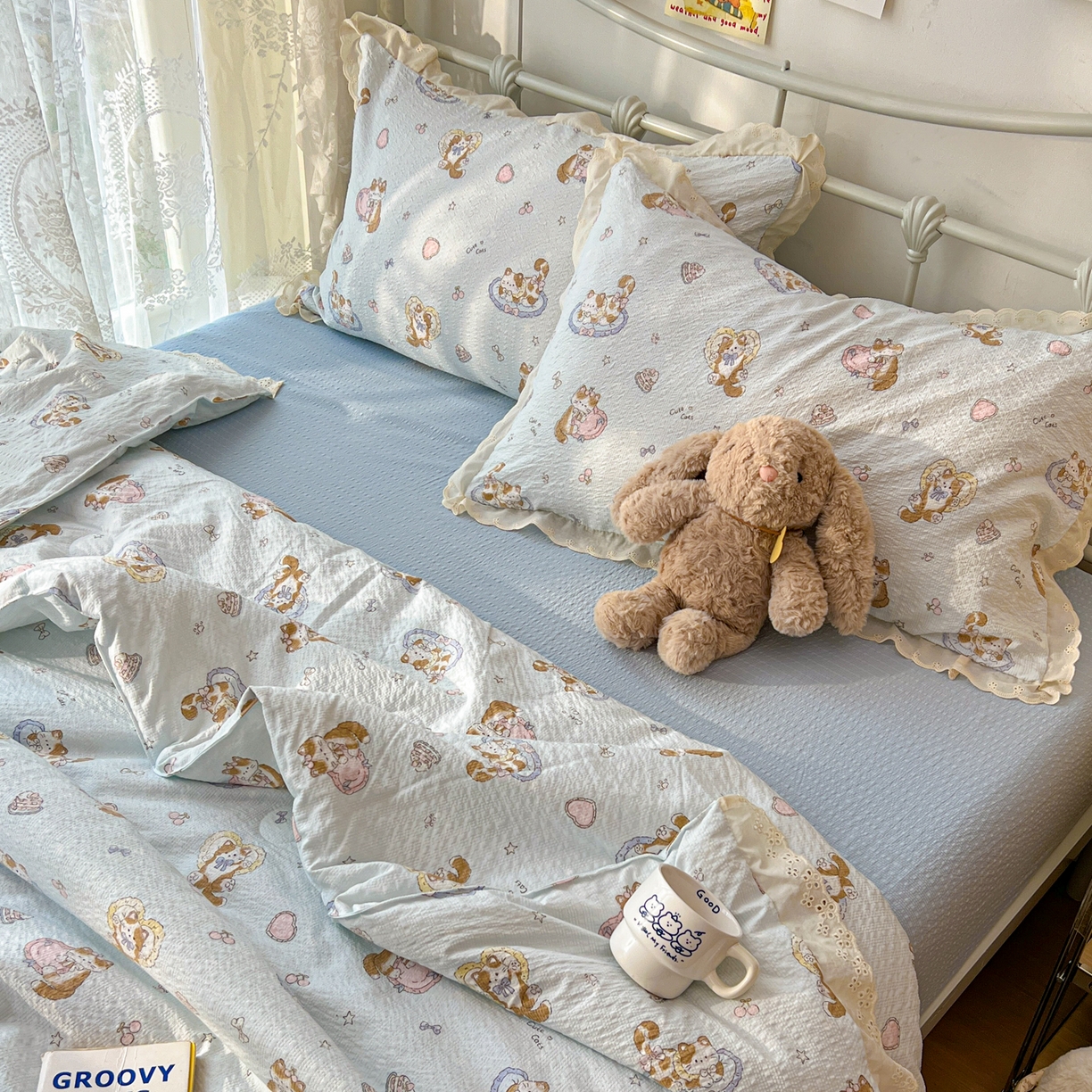 91家纺网 家纺一手货源 找家纺 欣宜家纺 2026新款A类全棉花边泡芙棉夏被夏凉被 蛋糕猫