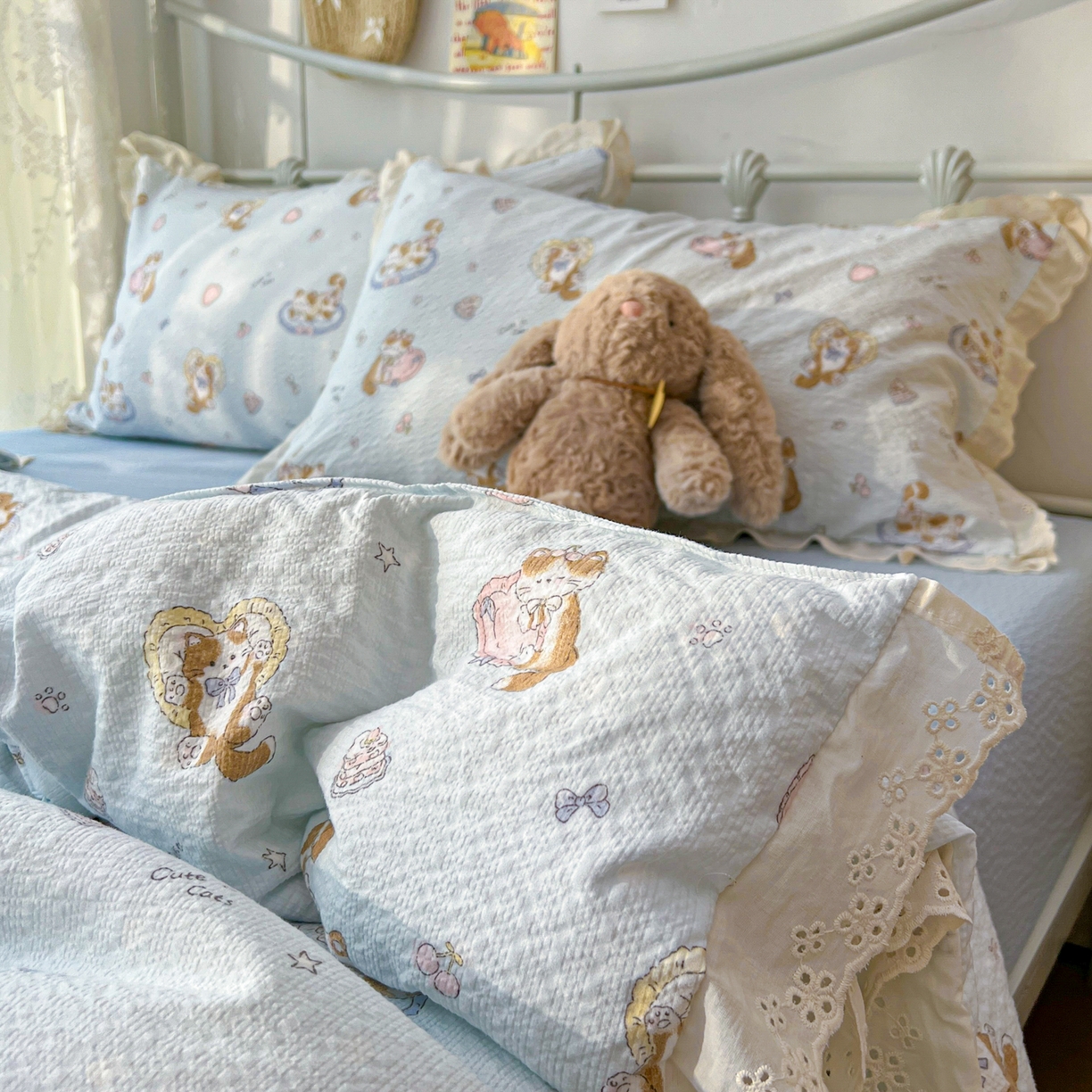 91家纺网 家纺一手货源 找家纺 欣宜家纺 2026新款A类全棉花边泡芙棉夏被夏凉被 蛋糕猫